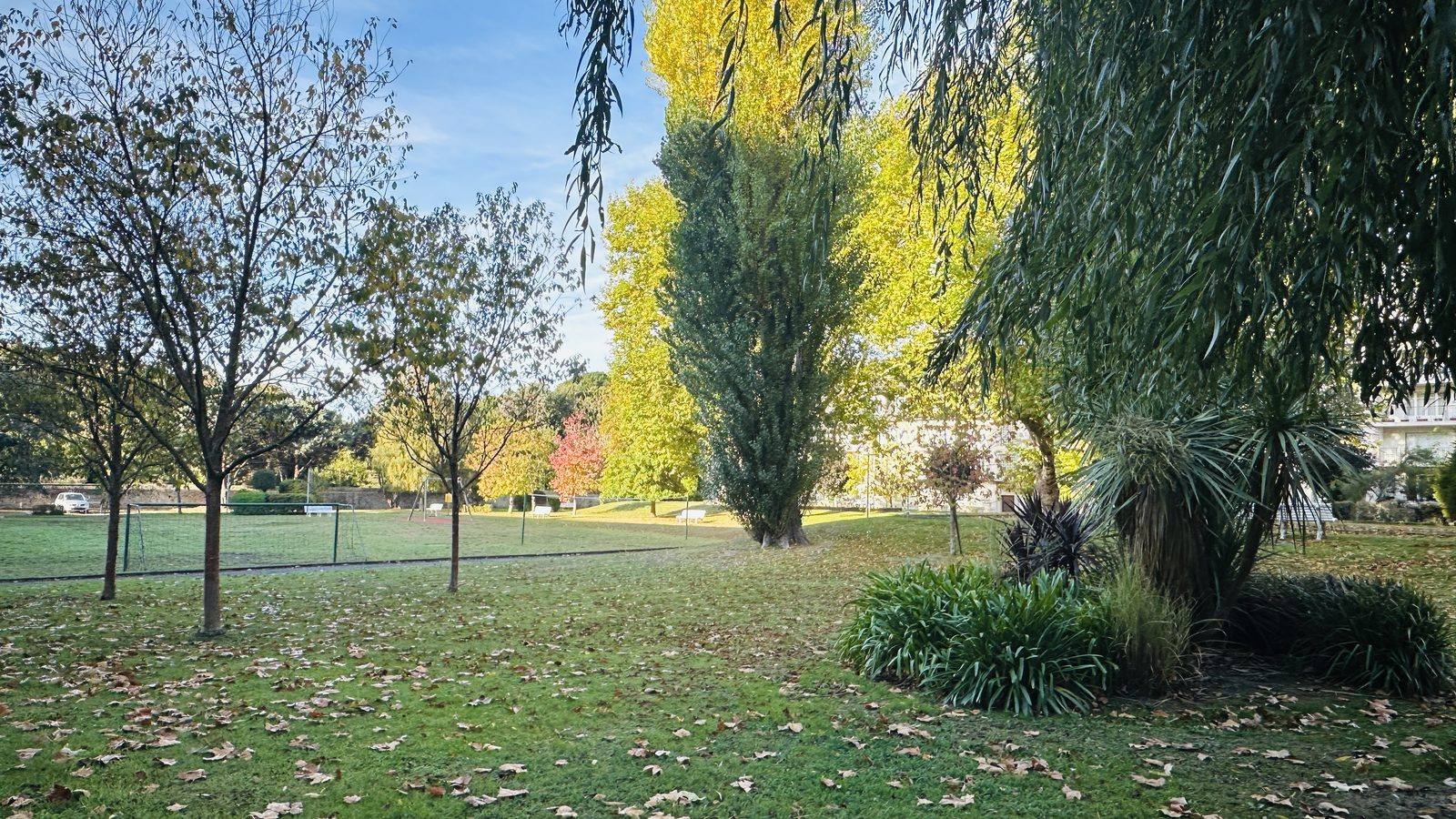 Le parc privé de la résidence : une grande pelouse plantée d'arbres, dont des saules, sous un ciel d'automne.